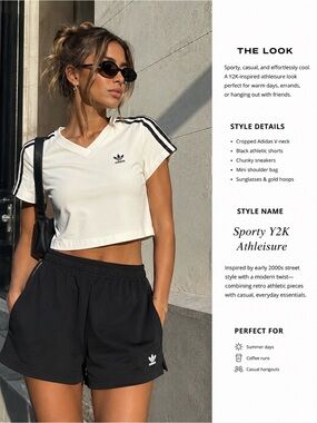 adidas Cream/ White Cropped V-Neck Tee with Black Stripes